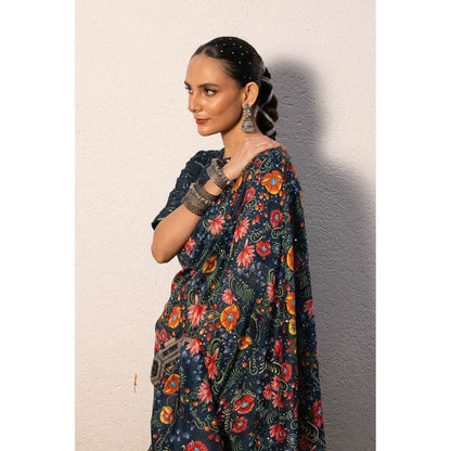 Saksham & Neharicka Blue Printed Saree with Stitched Blouse
