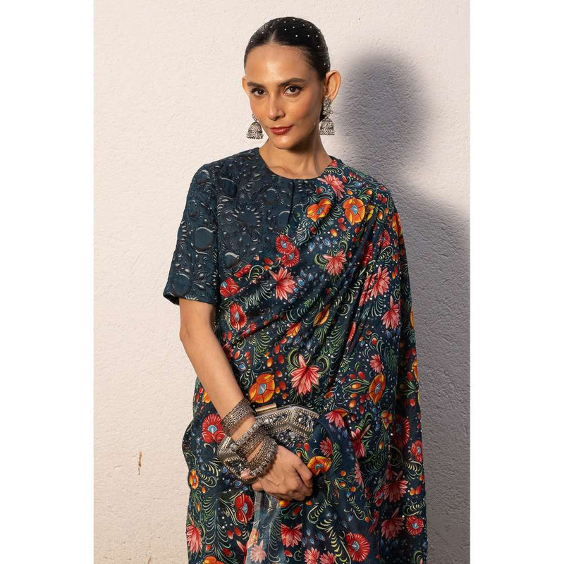 Saksham & Neharicka Blue Printed Saree with Stitched Blouse