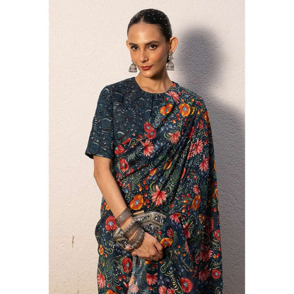 Saksham & Neharicka Blue Printed Saree with Stitched Blouse