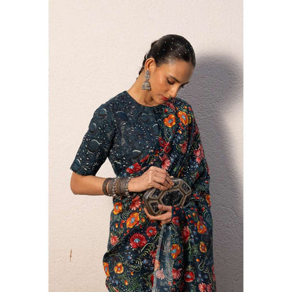 Saksham & Neharicka Blue Printed Saree with Stitched Blouse