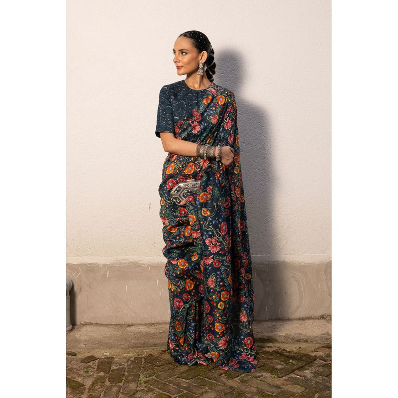Saksham & Neharicka Blue Printed Saree with Stitched Blouse