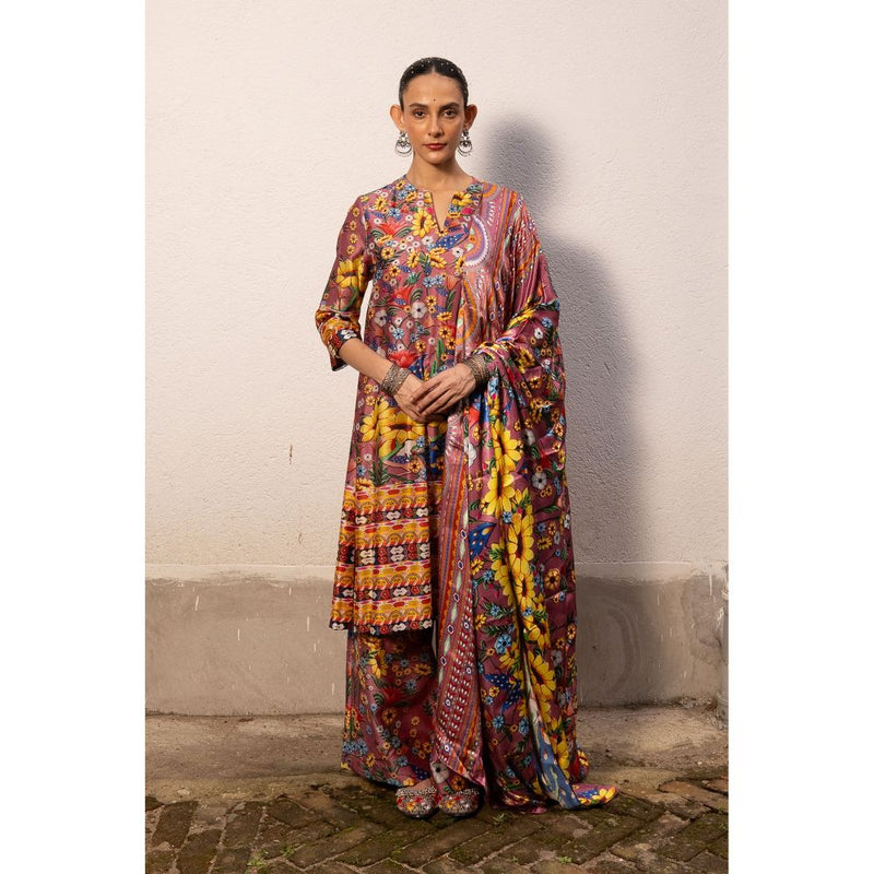 Saksham & Neharicka Mauve Printed Kurta with Palazzo and Dupatta (Set of 3)