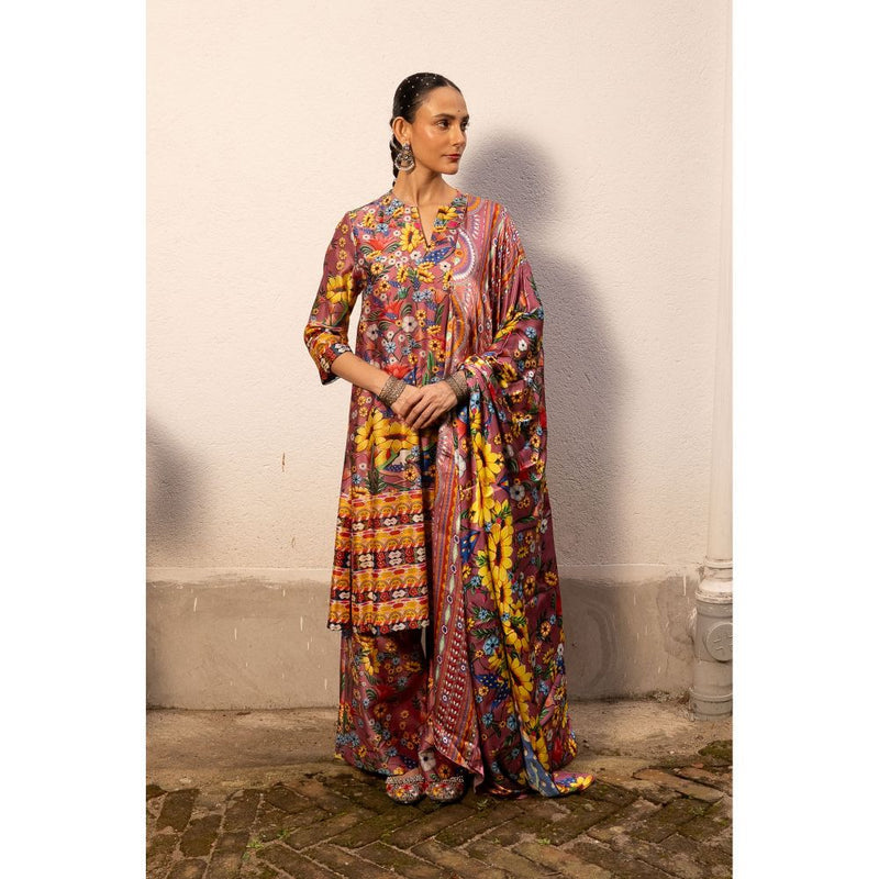 Saksham & Neharicka Mauve Printed Kurta with Palazzo and Dupatta (Set of 3)
