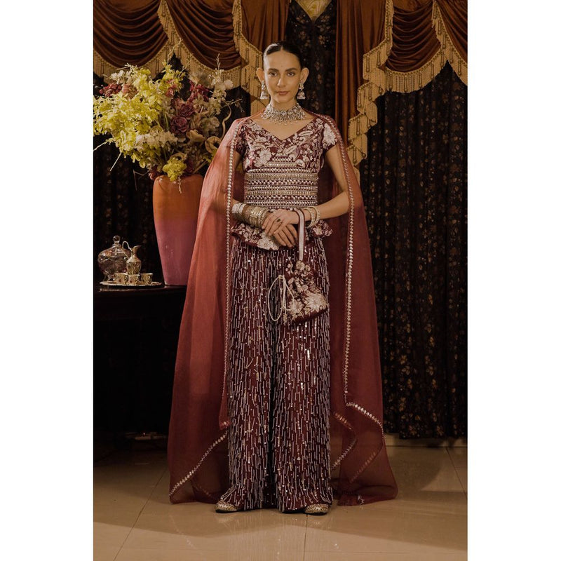 Saksham & Neharicka Maroon Embroidered Top with Palazzo and Dupatta (Set of 3)