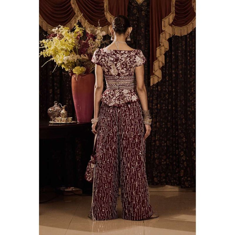 Saksham & Neharicka Maroon Embroidered Top with Palazzo and Dupatta (Set of 3)