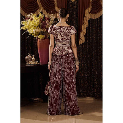 Saksham & Neharicka Maroon Embroidered Top with Palazzo and Dupatta (Set of 3)