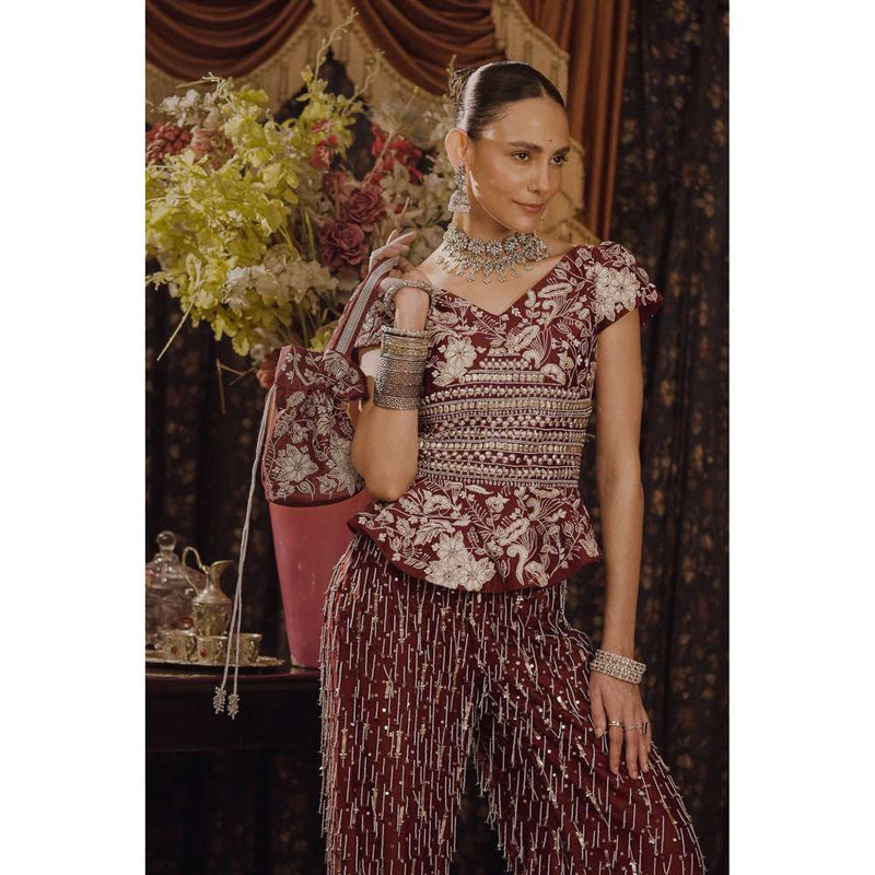 Saksham & Neharicka Maroon Embroidered Top with Palazzo and Dupatta (Set of 3)