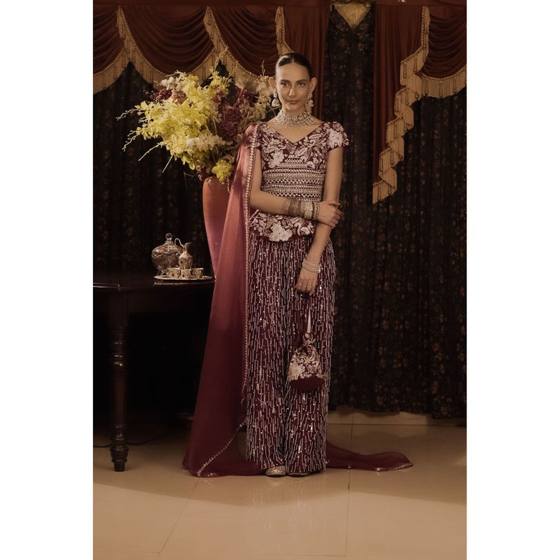 Saksham & Neharicka Maroon Embroidered Top with Palazzo and Dupatta (Set of 3)