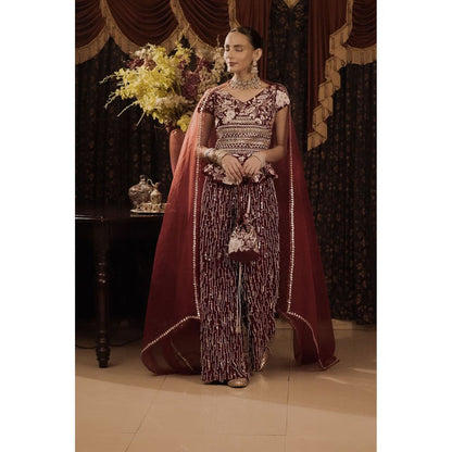 Saksham & Neharicka Maroon Embroidered Top with Palazzo and Dupatta (Set of 3)