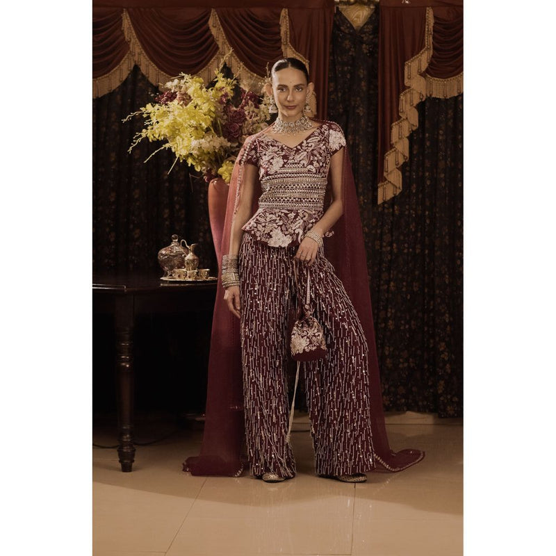 Saksham & Neharicka Maroon Embroidered Top with Palazzo and Dupatta (Set of 3)