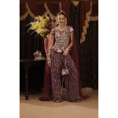 Saksham & Neharicka Maroon Embroidered Top with Palazzo and Dupatta (Set of 3)
