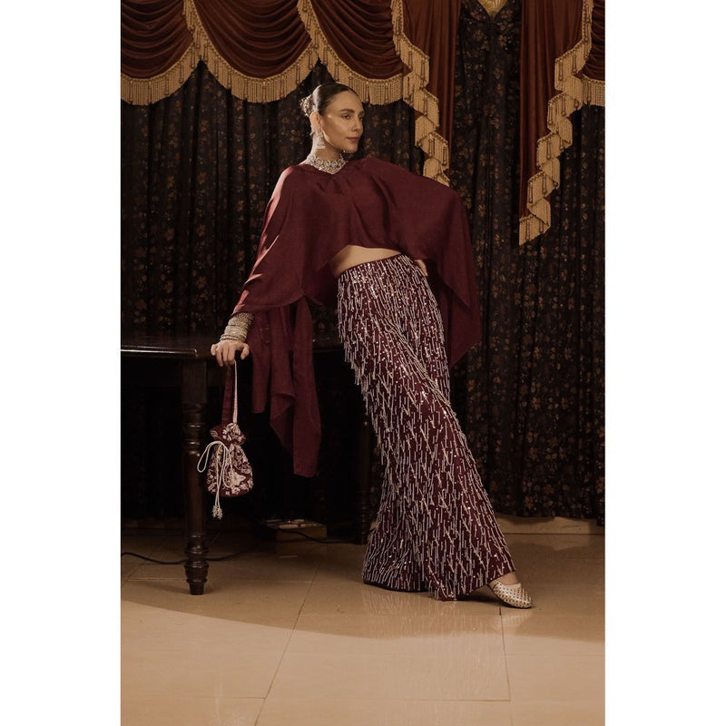 Saksham & Neharicka Maroon Embroidered Top with Pant (Set of 2)