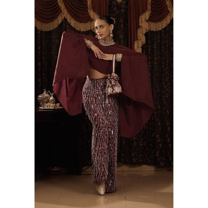 Saksham & Neharicka Maroon Embroidered Top with Pant (Set of 2)