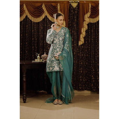 Saksham & Neharicka Teal Embroidered Kurta with Dhoti and Dupatta (Set of 3)