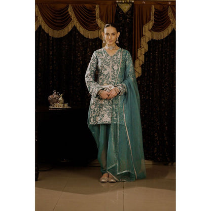 Saksham & Neharicka Teal Embroidered Kurta with Dhoti and Dupatta (Set of 3)