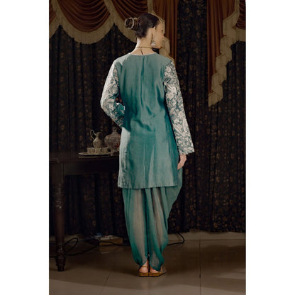 Saksham & Neharicka Teal Embroidered Kurta with Dhoti and Dupatta (Set of 3)
