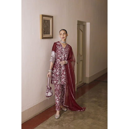 Saksham & Neharicka Maroon Embroidered Kurta with Pant and Dupatta (Set of 3)
