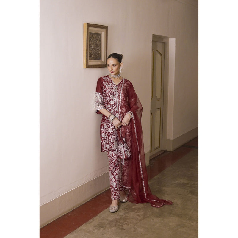 Saksham & Neharicka Maroon Embroidered Kurta with Pant and Dupatta (Set of 3)