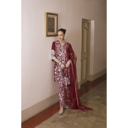 Saksham & Neharicka Maroon Embroidered Kurta with Pant and Dupatta (Set of 3)