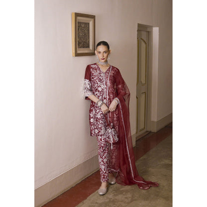Saksham & Neharicka Maroon Embroidered Kurta with Pant and Dupatta (Set of 3)