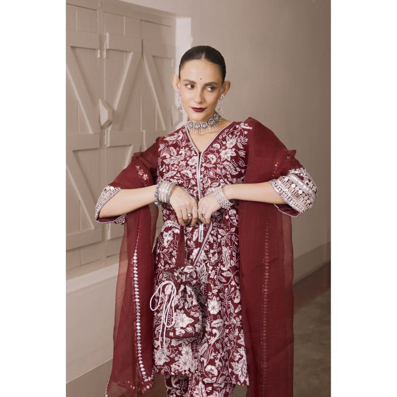 Saksham & Neharicka Maroon Embroidered Kurta with Pant and Dupatta (Set of 3)