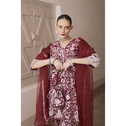 Saksham & Neharicka Maroon Embroidered Kurta with Pant and Dupatta (Set of 3)