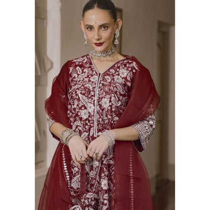Saksham & Neharicka Maroon Embroidered Kurta with Pant and Dupatta (Set of 3)