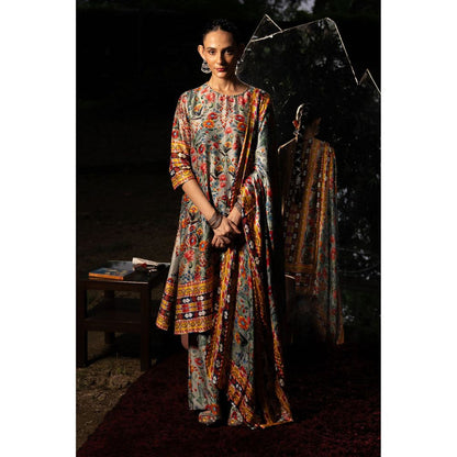Saksham & Neharicka Grey Printed Kurta with Palazzo and Dupatta (Set of 3)
