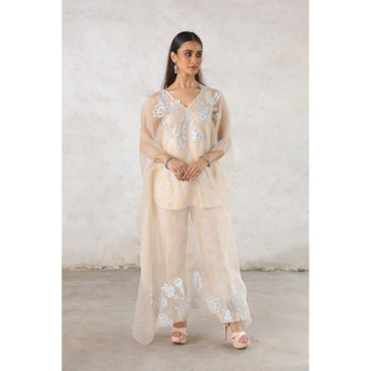 Saksham & Neharicka Beige Rupa Cape with Top and Pant (Set of 3)