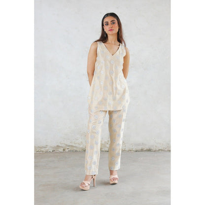 Saksham & Neharicka Beige Rupa Cape with Top and Pant (Set of 3)