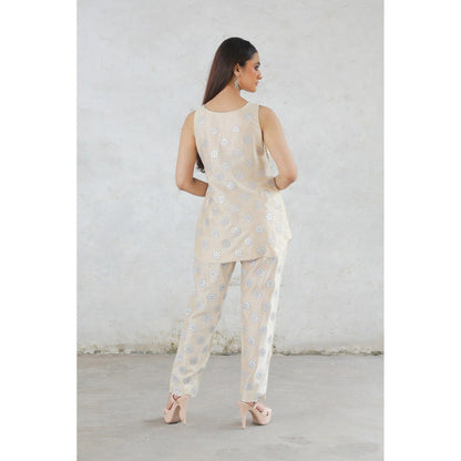 Saksham & Neharicka Beige Rupa Cape with Top and Pant (Set of 3)