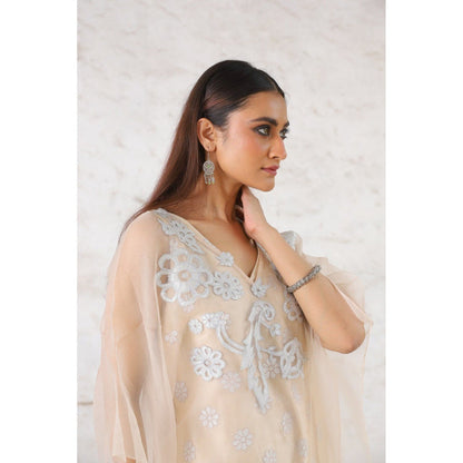 Saksham & Neharicka Beige Rupa Cape with Top and Pant (Set of 3)