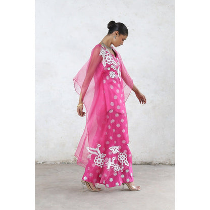 Saksham & Neharicka Pink Philia Cape with Top and Pant (Set of 3)