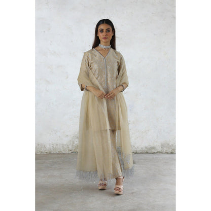 Saksham & Neharicka Beige Charulata Kurta with Pant and Dupatta (Set of 3)