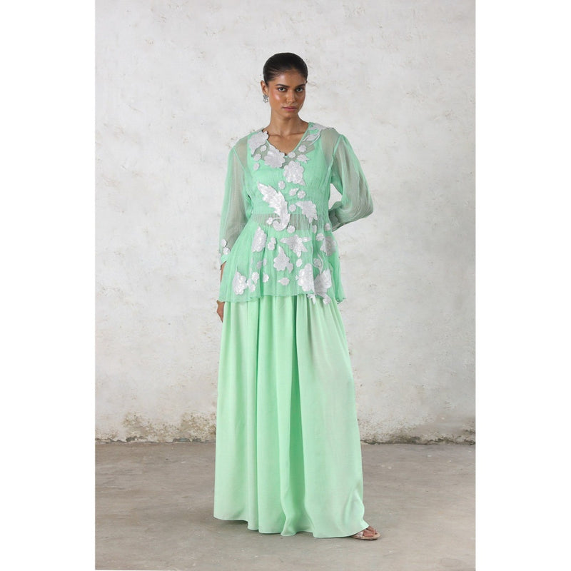 Saksham & Neharicka Green Tara Pallazzo with Top and Bustier (Set of 3)