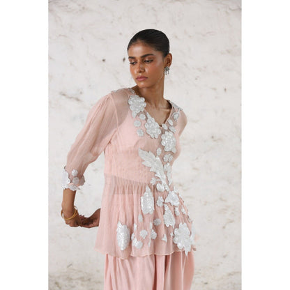 Saksham & Neharicka Pink Maitreyi Palazzo with Bustier and Top (Set of 3)