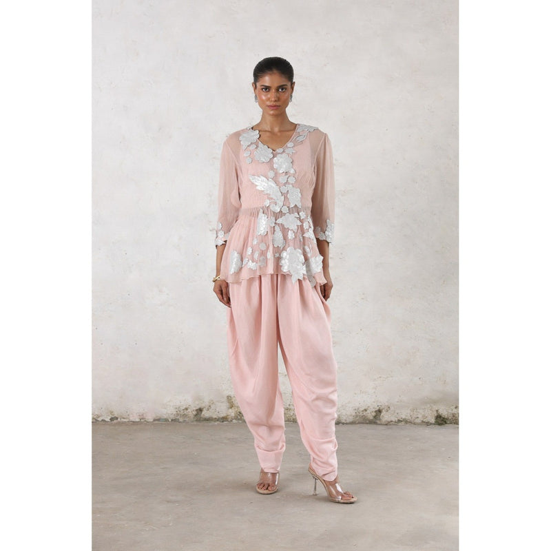 Saksham & Neharicka Pink Maitreyi Dhoti with Bustier and Top (Set of 3)