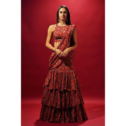 SAMMOHI BY MOKSHA & HIRAL Red Floral Chintz Layered Saree with Stitched Blouse