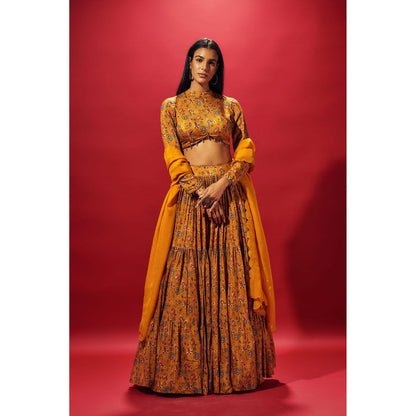 SAMMOHI BY MOKSHA & HIRAL Mustard Layered Lehenga With Blouse And Dupatta (Set of 3)