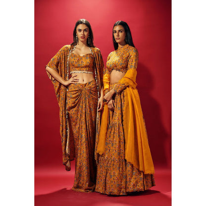 SAMMOHI BY MOKSHA & HIRAL Mustard Layered Lehenga With Blouse And Dupatta (Set of 3)