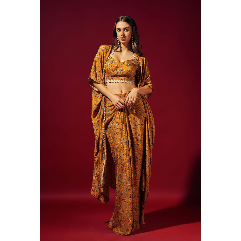 SAMMOHI BY MOKSHA & HIRAL Mustard Floral Draped Skirt With Blouse And Cape (Set of 3)