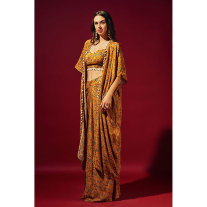 SAMMOHI BY MOKSHA & HIRAL Mustard Floral Draped Skirt With Blouse And Cape (Set of 3)