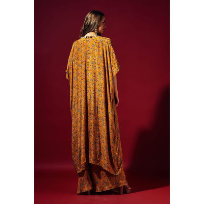 SAMMOHI BY MOKSHA & HIRAL Mustard Floral Draped Skirt With Blouse And Cape (Set of 3)
