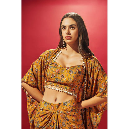SAMMOHI BY MOKSHA & HIRAL Mustard Floral Draped Skirt With Blouse And Cape (Set of 3)