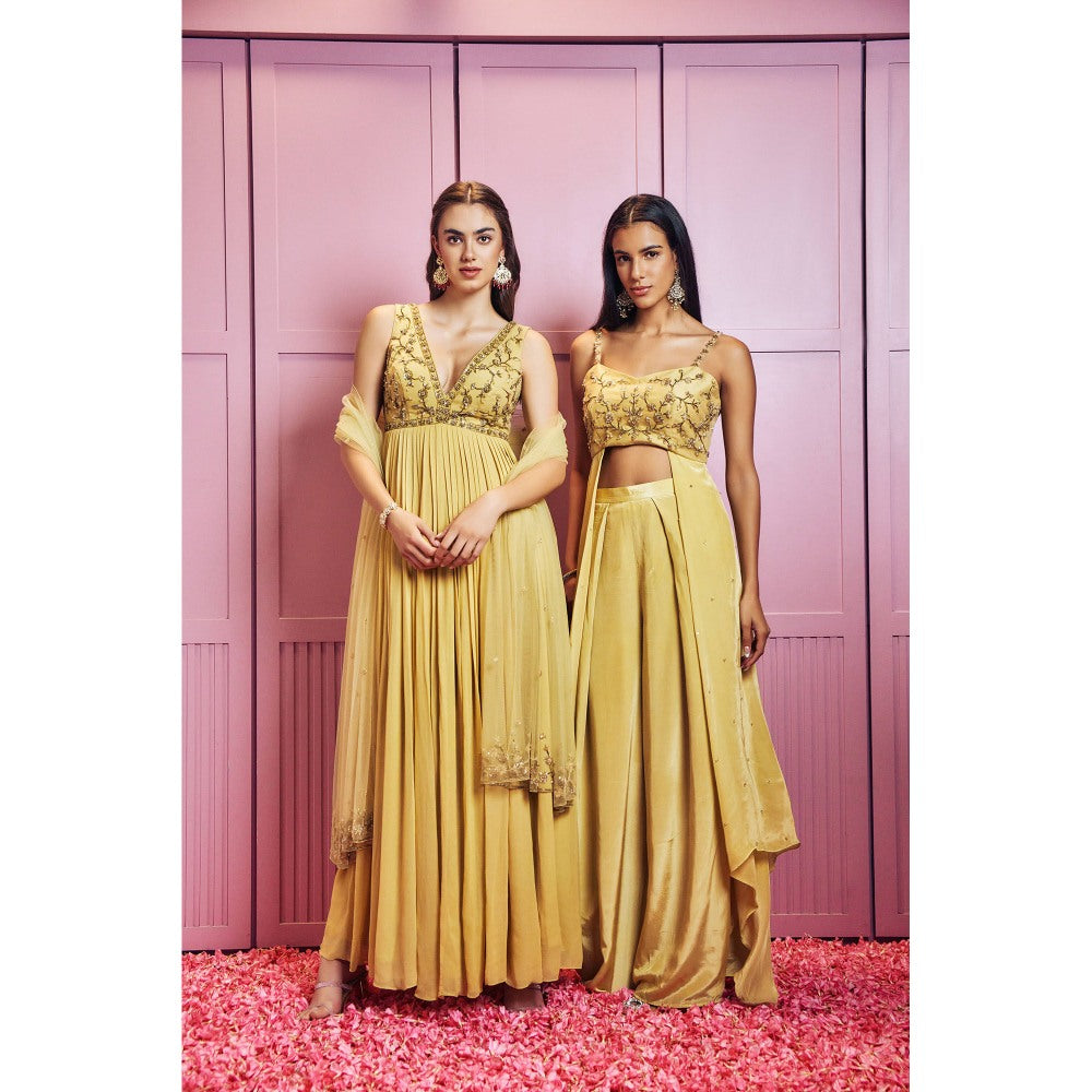 SAMMOHI BY MOKSHA & HIRAL Yellow Hand Embellished Anarkali With Dupatta (Set of 2)