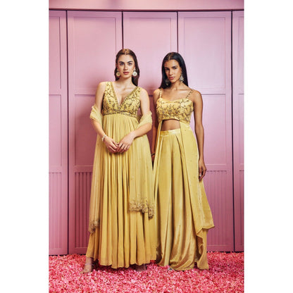 SAMMOHI BY MOKSHA & HIRAL Yellow Hand Embellished Anarkali With Dupatta (Set of 2)
