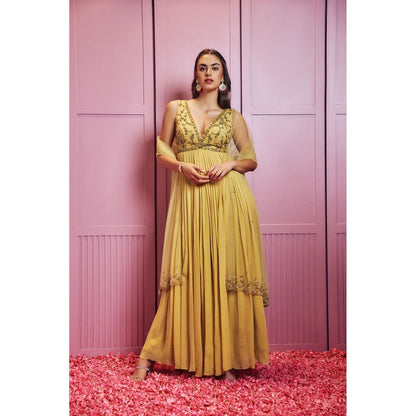 SAMMOHI BY MOKSHA & HIRAL Yellow Hand Embellished Anarkali With Dupatta (Set of 2)