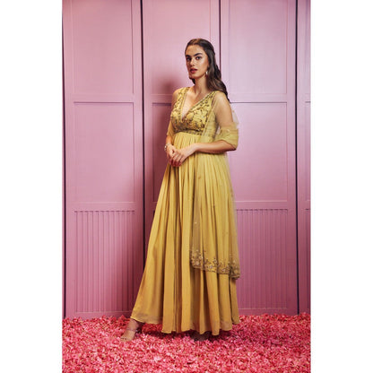 SAMMOHI BY MOKSHA & HIRAL Yellow Hand Embellished Anarkali With Dupatta (Set of 2)