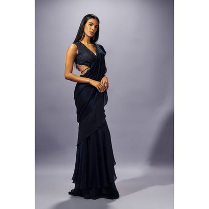 SAMMOHI BY MOKSHA & HIRAL Navy Blue Hand Embellished Pre Draped Saree with Stitched Blouse