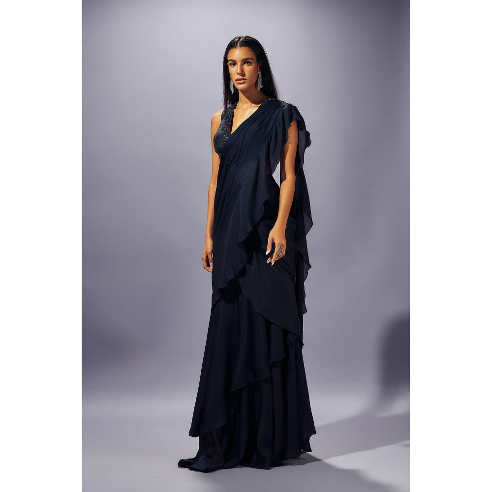 SAMMOHI BY MOKSHA & HIRAL Navy Blue Hand Embellished Pre Draped Saree with Stitched Blouse